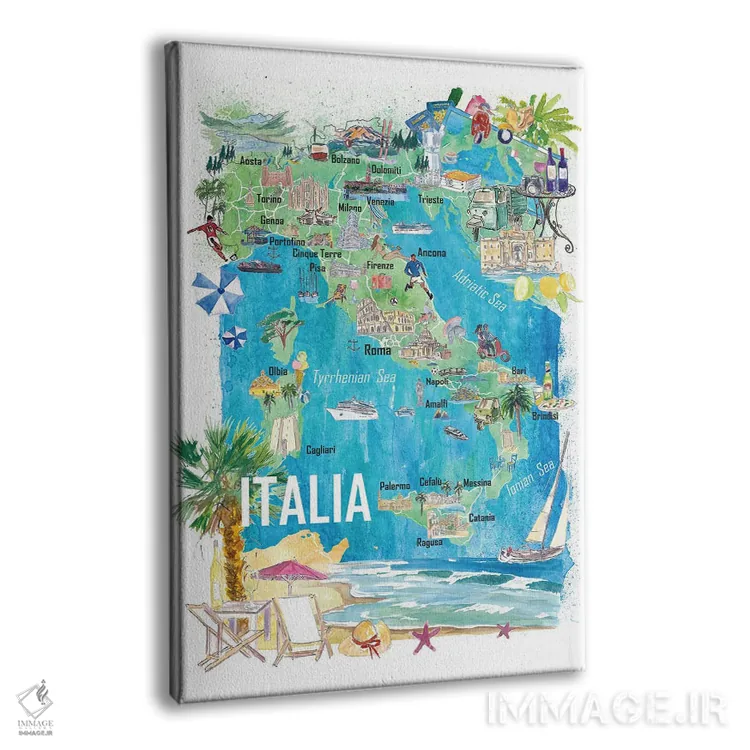 تابلو دکوراتیو نقشه مصور سفر ایتالیا با جاده ها و نکات برجسته… اثر مارکوس و مارتینا بلیشنر - نمای پرسپکتیو محصول