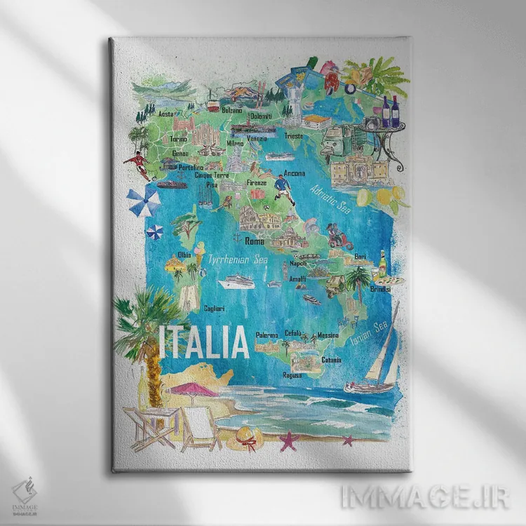 تابلو دکوراتیو نقشه مصور سفر ایتالیا با جاده ها و نکات برجسته… اثر مارکوس و مارتینا بلیشنر - نمای روبهرو روی دیوار