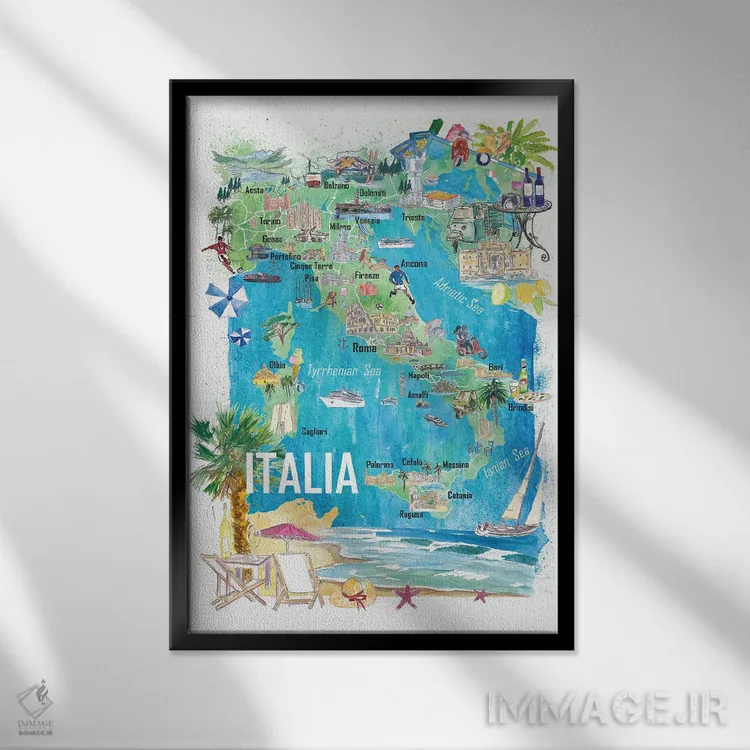 تابلو دکوراتیو نقشه مصور سفر ایتالیا با جاده ها و نکات برجسته… اثر مارکوس و مارتینا بلیشنر - نمای قابدار مشکی