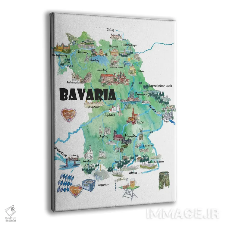 تابلو دکوراتیو نقشه مصور سفر باواریا آلمان با جاده ها و نکات گ… اثر مارکوس و مارتینا بلیشنر - نمای پرسپکتیو محصول