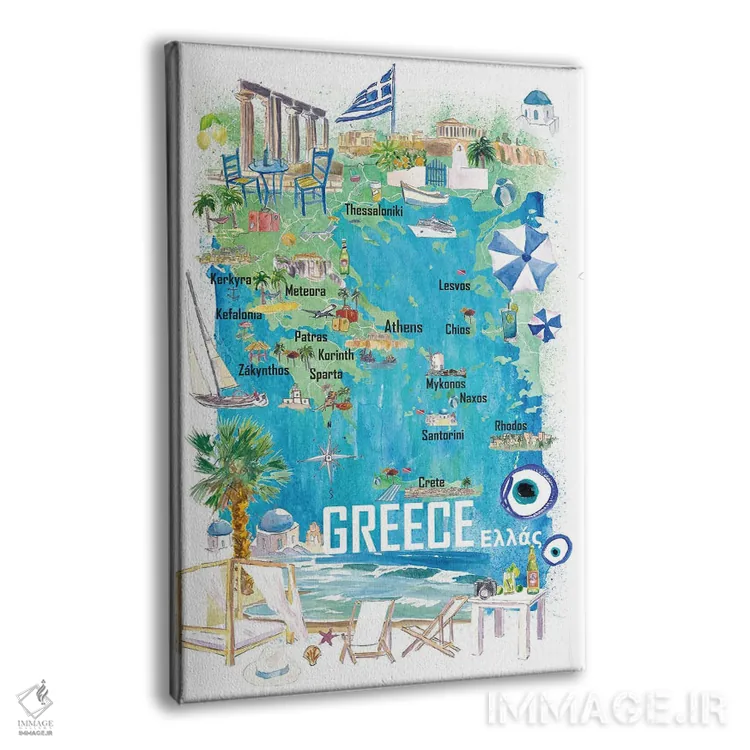 تابلو دکوراتیو نقشه مصور سفر یونان با جاده ها و نکات گردشگری اثر مارکوس و مارتینا بلیشنر - نمای پرسپکتیو محصول