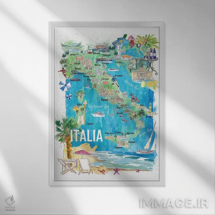 تابلو دکوراتیو نقشه مصور سفر ایتالیا با جاده ها و نکات برجسته… اثر مارکوس و مارتینا بلیشنر - نمای قابدار سفید