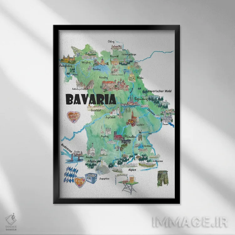 تابلو دکوراتیو نقشه مصور سفر باواریا آلمان با جاده ها و نکات گ… اثر مارکوس و مارتینا بلیشنر - نمای قابدار مشکی