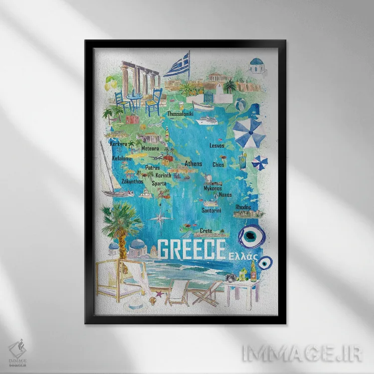 تابلو دکوراتیو نقشه مصور سفر یونان با جاده ها و نکات گردشگری اثر مارکوس و مارتینا بلیشنر - نمای قابدار مشکی