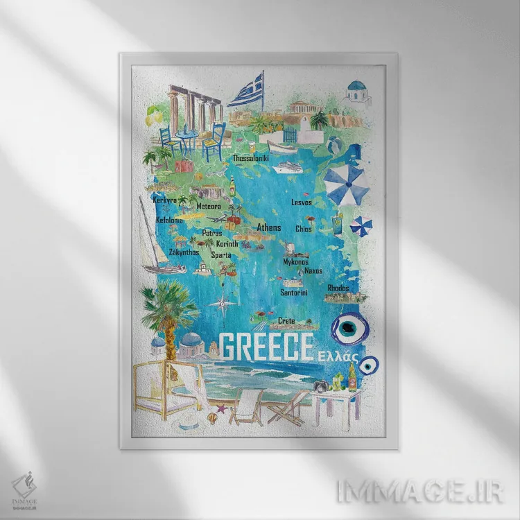 تابلو دکوراتیو نقشه مصور سفر یونان با جاده ها و نکات گردشگری اثر مارکوس و مارتینا بلیشنر - نمای قابدار سفید