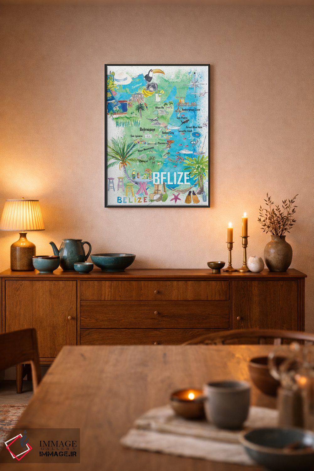 تابلو دکوراتیو "نقشه تصویری سفر بلیز کارائیب با جاده ها و نقاط… اثر مارکوس و مارتینا بلیشنر - D6B