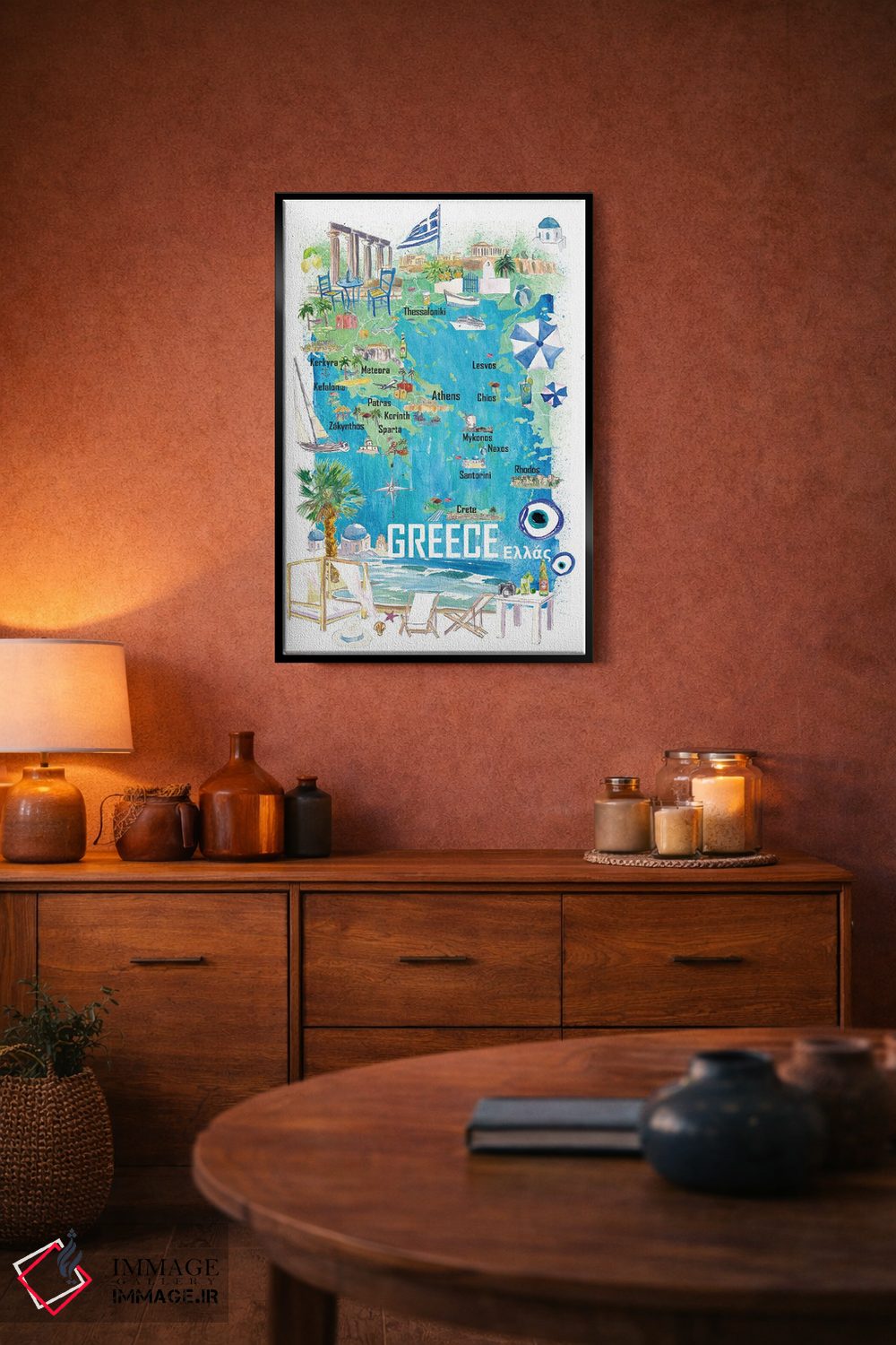 تابلو دکوراتیو نقشه مصور سفر یونان با جاده ها و نکات گردشگری اثر مارکوس و مارتینا بلیشنر - D4B
