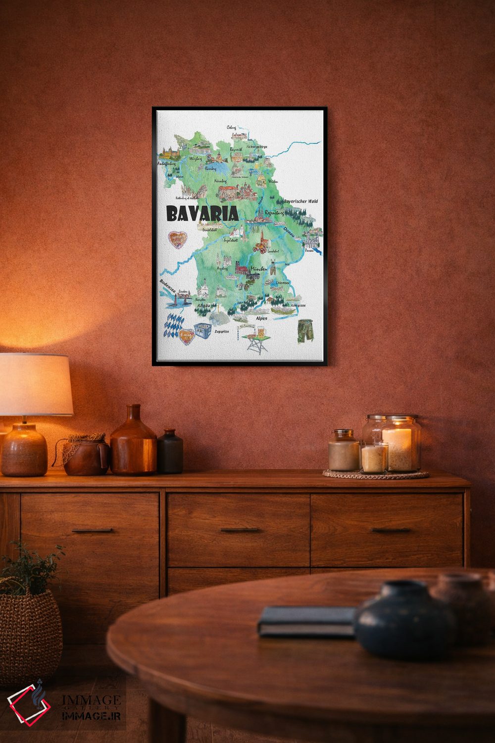 تابلو دکوراتیو نقشه مصور سفر باواریا آلمان با جاده ها و نکات گ… اثر مارکوس و مارتینا بلیشنر - D5B