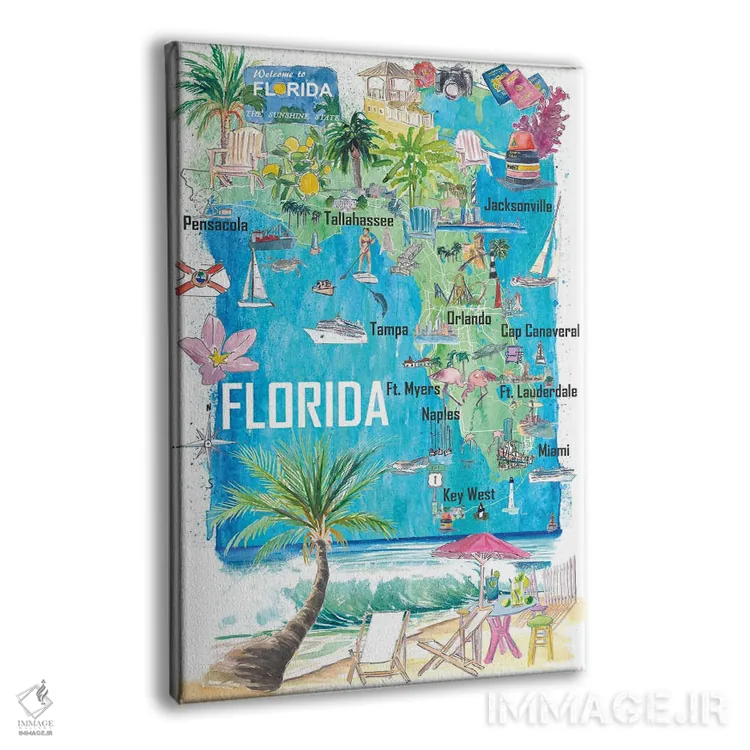 تابلو دکوراتیو "نقشه مصور ایالت فلوریدا آمریکا با جاده ها و جا… اثر مارکوس و مارتینا بلیشنر - نمای پرسپکتیو محصول