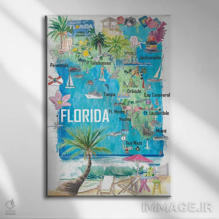 تابلو دکوراتیو "نقشه مصور ایالت فلوریدا آمریکا با جاده ها و جا… اثر مارکوس و مارتینا بلیشنر - نمای روبهرو روی دیوار