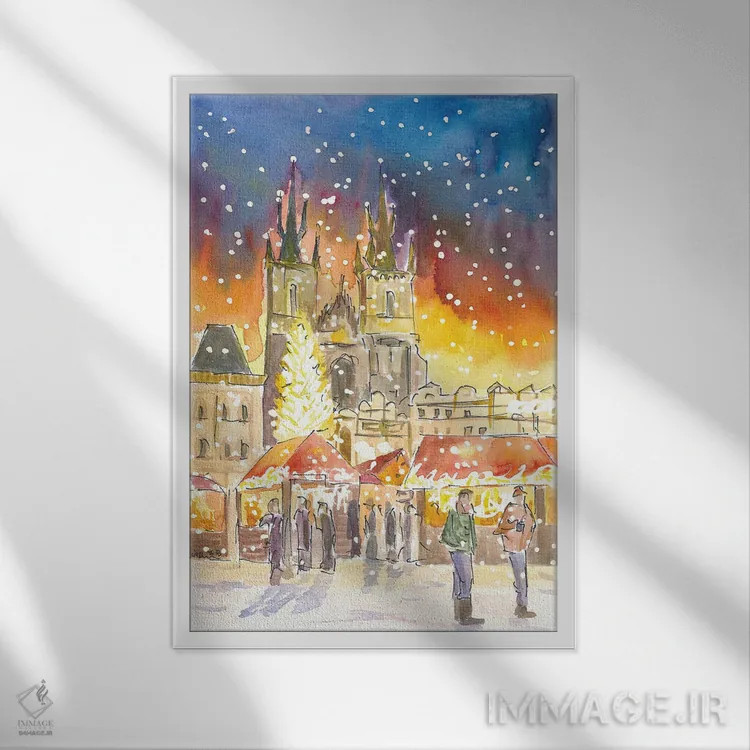 تابلو دکوراتیو "میدان شهر قدیمی پراگ در زمستان و بازار کریسمس… اثر مارکوس و مارتینا بلیشنر - نمای قابدار سفید