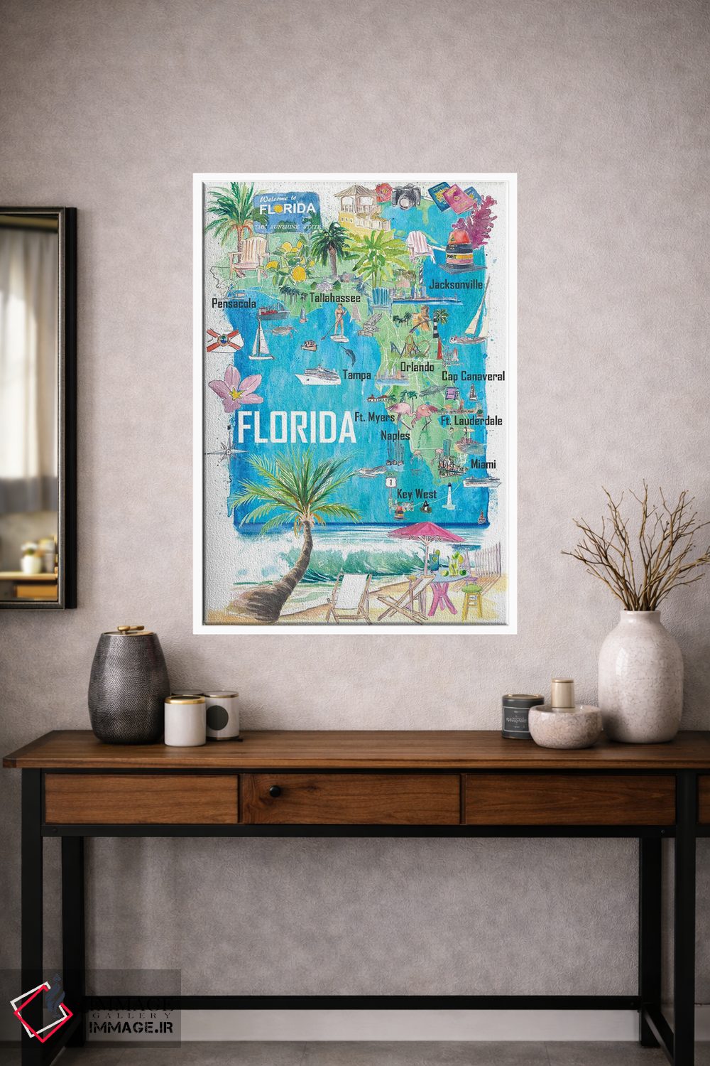 تابلو دکوراتیو "نقشه مصور ایالت فلوریدا آمریکا با جاده ها و جا… اثر مارکوس و مارتینا بلیشنر - D1W
