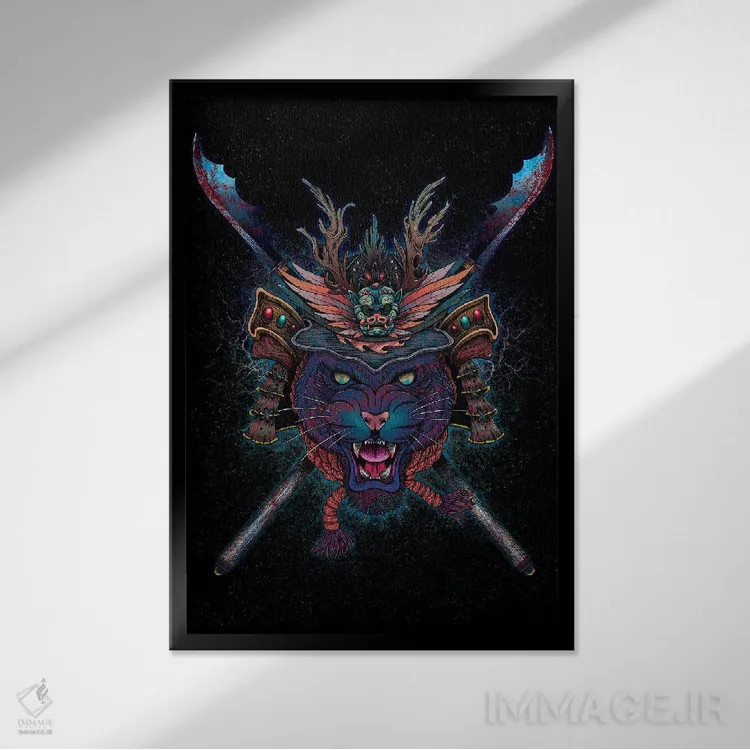 تابلو دکوراتیو گربه سامورایی اثر مت میلر - نمای قابدار مشکی