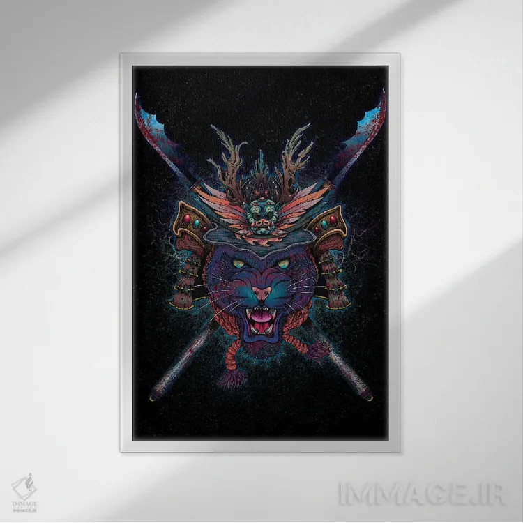 تابلو دکوراتیو گربه سامورایی اثر مت میلر - نمای قابدار سفید