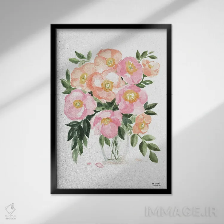 تابلو دکوراتیو دسته گل بهاری آبرنگ اثر میشل موسپنس - نمای قابدار مشکی