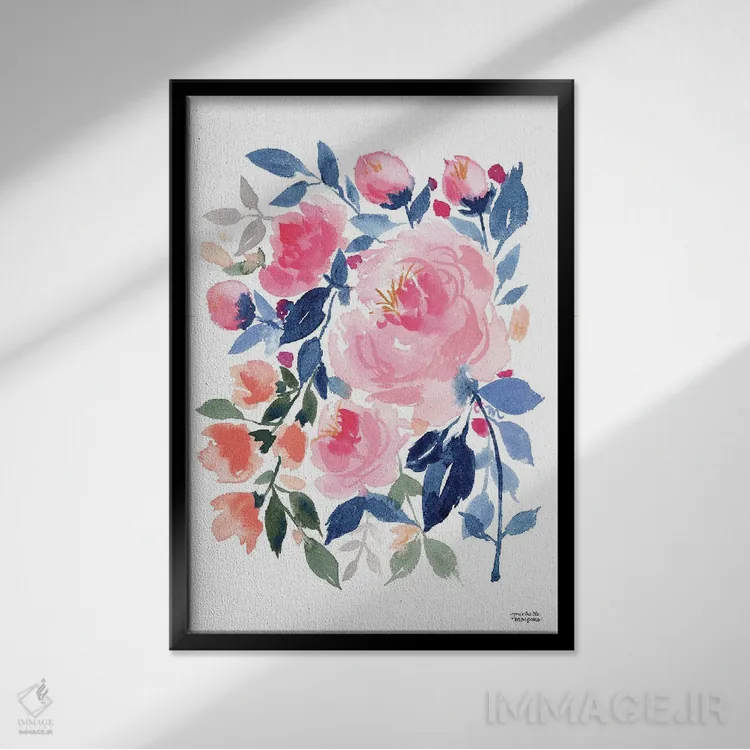 تابلو دکوراتیو گل های آبشاری صدتومنی آبرنگ اثر میشل موسپنس - نمای قابدار مشکی