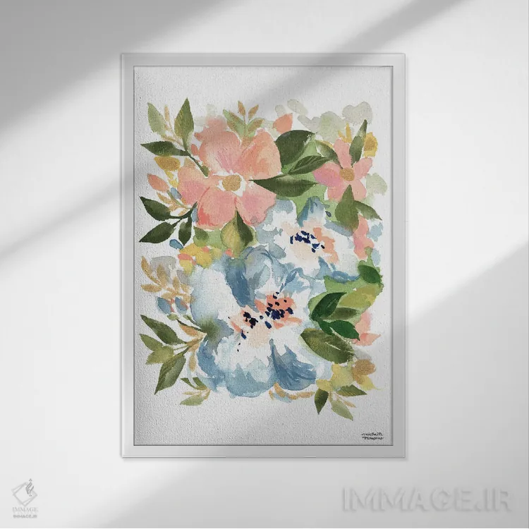 تابلو دکوراتیو گل های مناطق روستایی فرانسه آبرنگ اثر میشل موسپنس - نمای قابدار سفید
