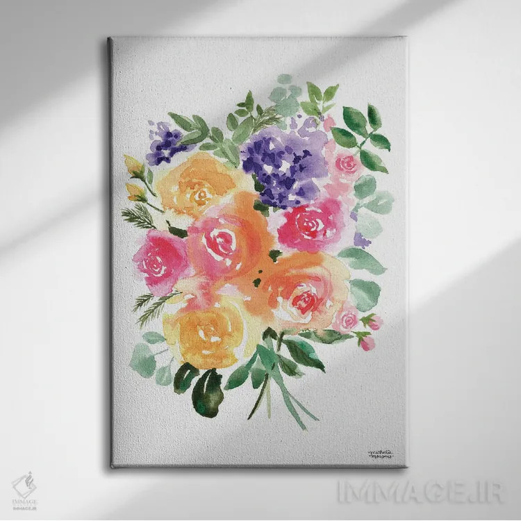 تابلو دکوراتیو دسته گل تابستانی آبرنگ اثر میشل موسپنس - نمای روبهرو روی دیوار