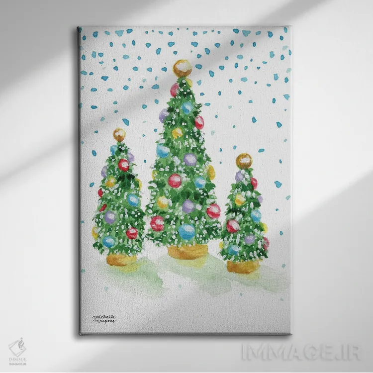 تابلو دکوراتیو درختان کریسمس قدیمی آبرنگ اثر میشل موسپنس - نمای روبهرو روی دیوار