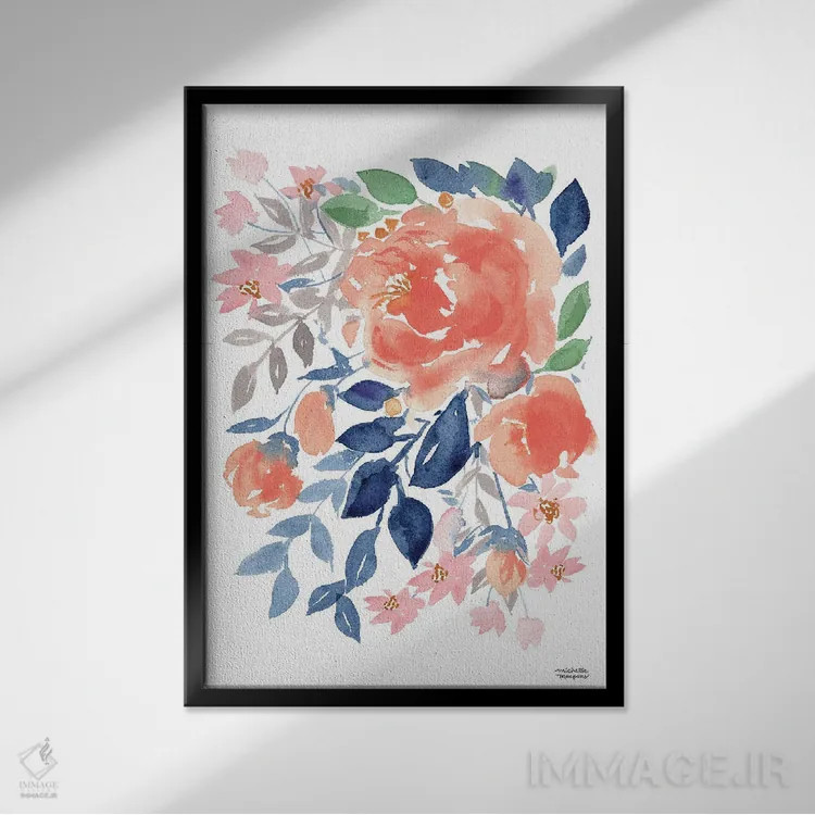 تابلو دکوراتیو آبشار گل هلو آبرنگ اثر میشل موسپنس - نمای قابدار مشکی