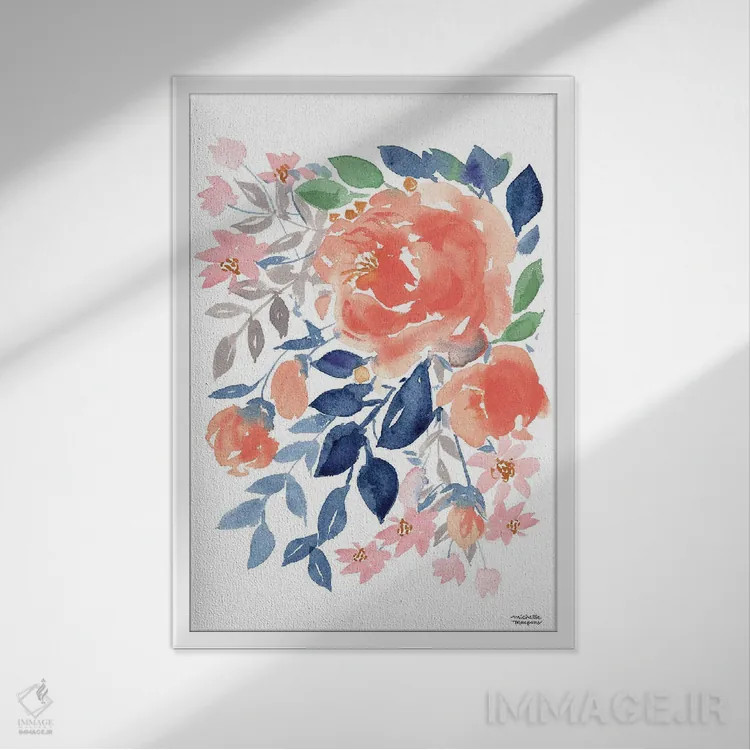 تابلو دکوراتیو آبشار گل هلو آبرنگ اثر میشل موسپنس - نمای قابدار سفید