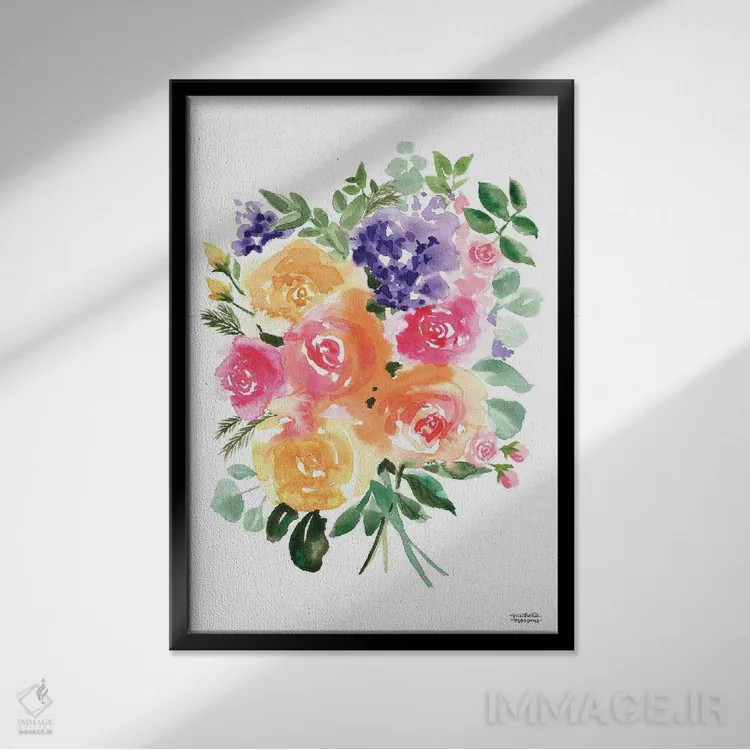تابلو دکوراتیو دسته گل تابستانی آبرنگ اثر میشل موسپنس - نمای قابدار مشکی