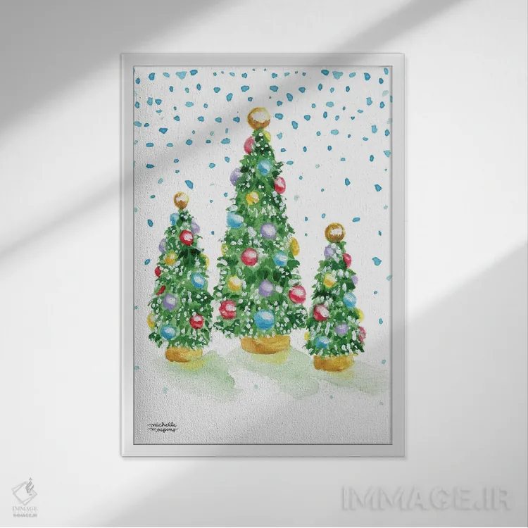 تابلو دکوراتیو درختان کریسمس قدیمی آبرنگ اثر میشل موسپنس - نمای قابدار سفید
