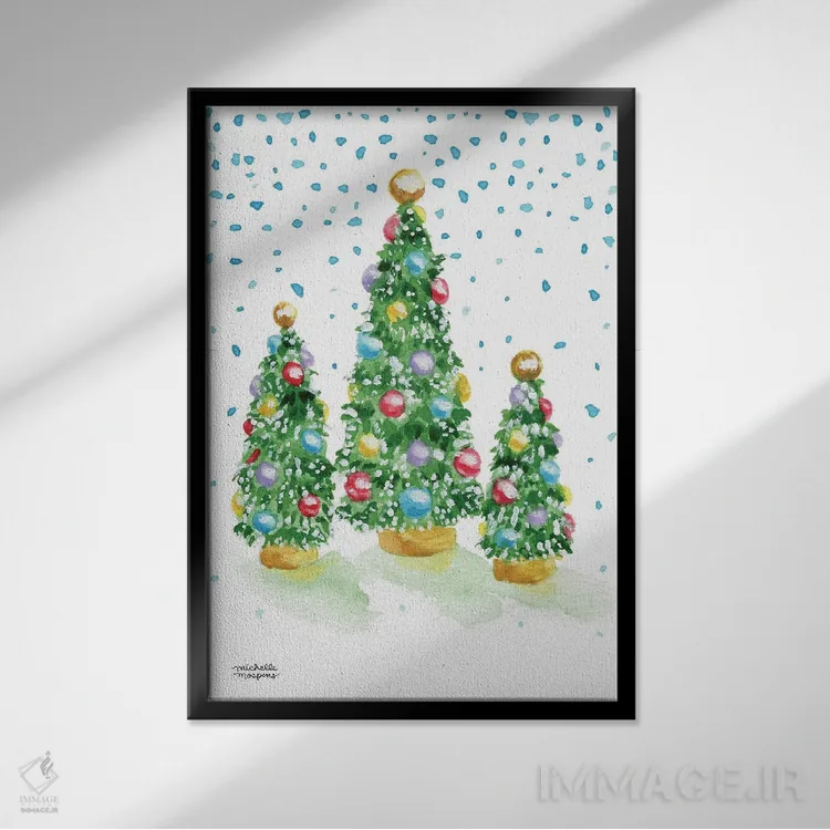 تابلو دکوراتیو درختان کریسمس قدیمی آبرنگ اثر میشل موسپنس - نمای قابدار مشکی