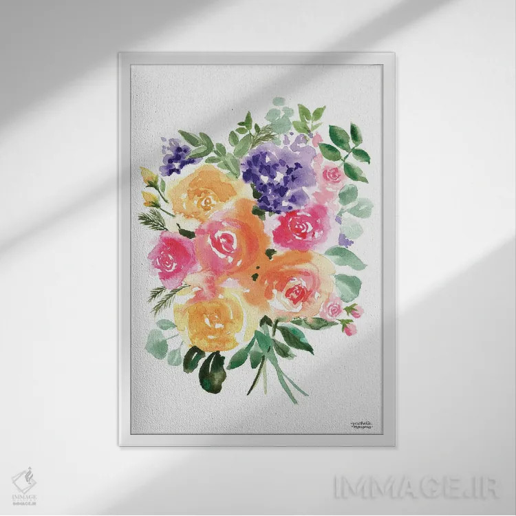 تابلو دکوراتیو دسته گل تابستانی آبرنگ اثر میشل موسپنس - نمای قابدار سفید