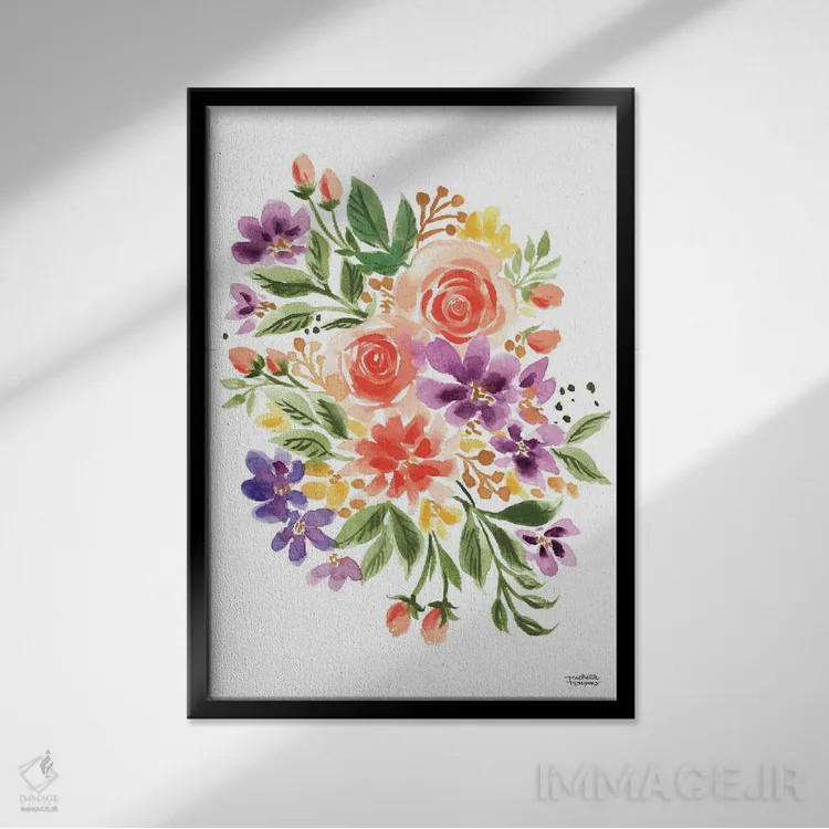 تابلو دکوراتیو دسته گل افسون شده آبرنگ اثر میشل موسپنس - نمای قابدار مشکی