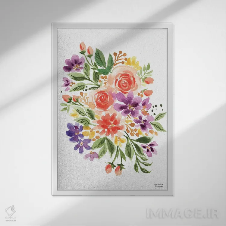 تابلو دکوراتیو دسته گل افسون شده آبرنگ اثر میشل موسپنس - نمای قابدار سفید