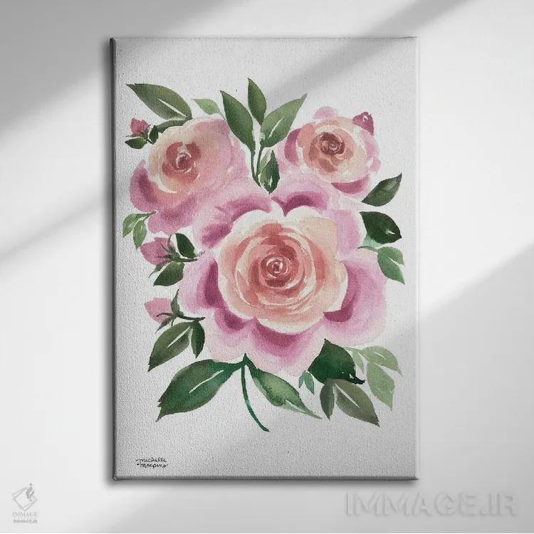 تابلو دکوراتیو شکوفه های مایل به ارغوانی آبرنگ اثر میشل موسپنس - نمای روبهرو روی دیوار