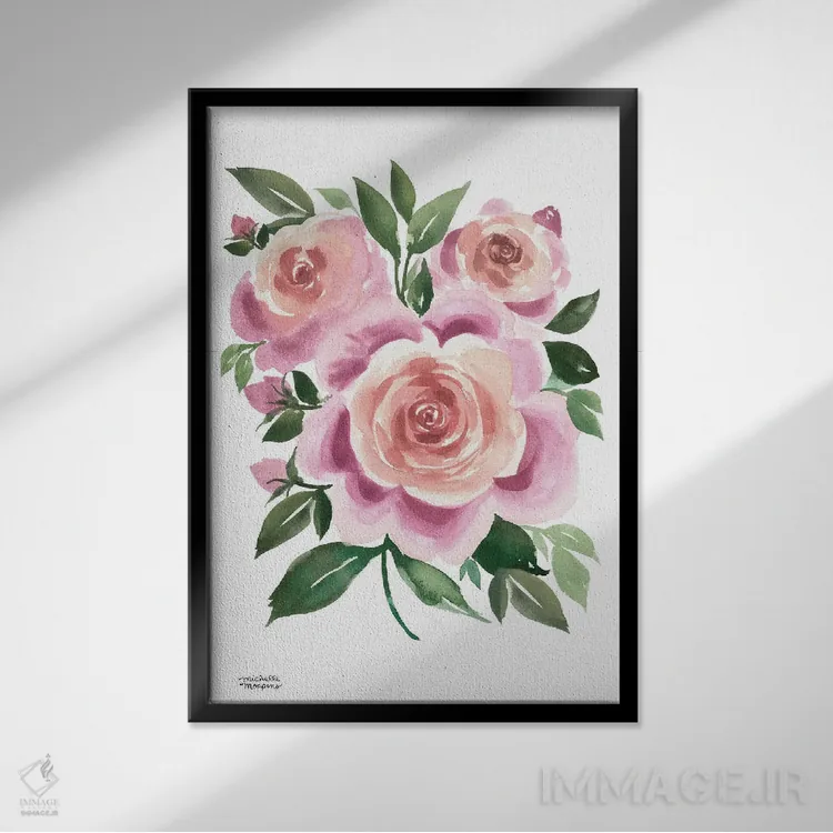 تابلو دکوراتیو شکوفه های مایل به ارغوانی آبرنگ اثر میشل موسپنس - نمای قابدار مشکی