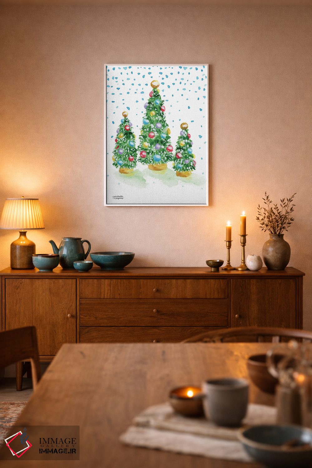 تابلو دکوراتیو درختان کریسمس قدیمی آبرنگ اثر میشل موسپنس - D6W
