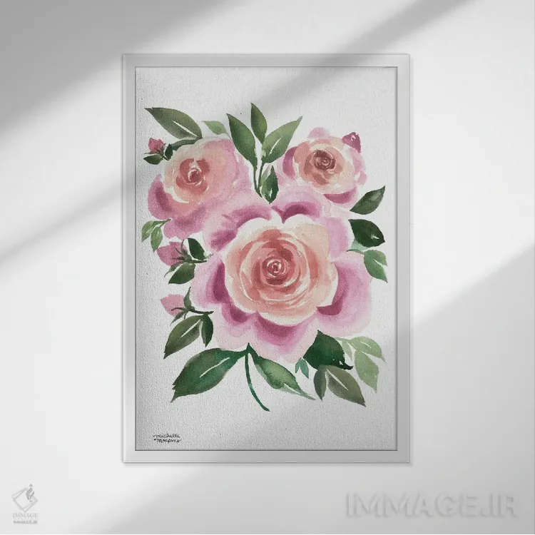 تابلو دکوراتیو شکوفه های مایل به ارغوانی آبرنگ اثر میشل موسپنس - نمای قابدار سفید