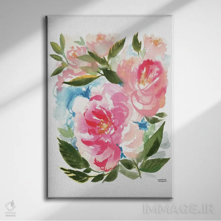 تابلو دکوراتیو گل صدتومنی باغ آبرنگ اثر میشل موسپنس - نمای روبهرو روی دیوار