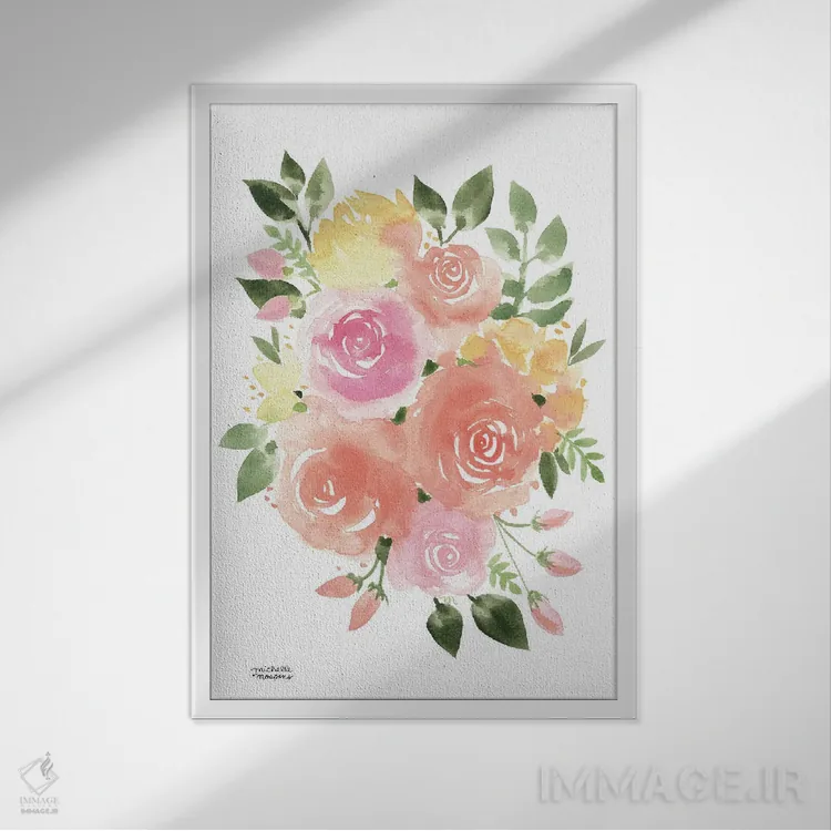 تابلو دکوراتیو دسته گل آفتابی آبرنگ اثر میشل موسپنس - نمای قابدار سفید