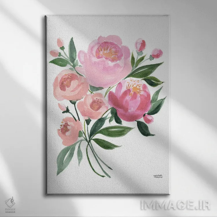 تابلو دکوراتیو گل های دسته گل بهاری پاستلی آبرنگ اثر میشل موسپنس - نمای روبهرو روی دیوار