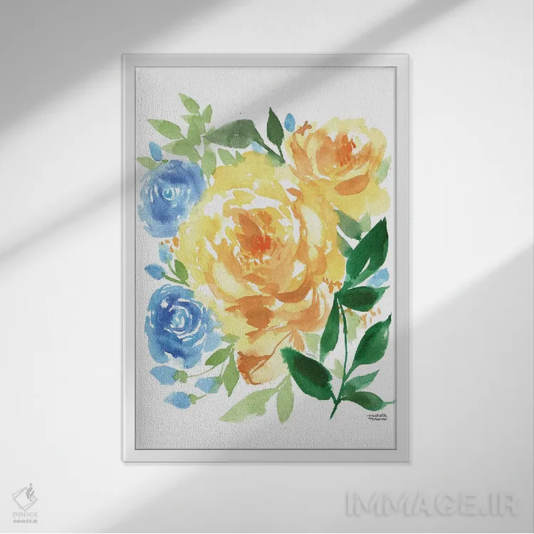 تابلو دکوراتیو انفجار شکوفه ها آبرنگ اثر میشل موسپنس - نمای قابدار سفید