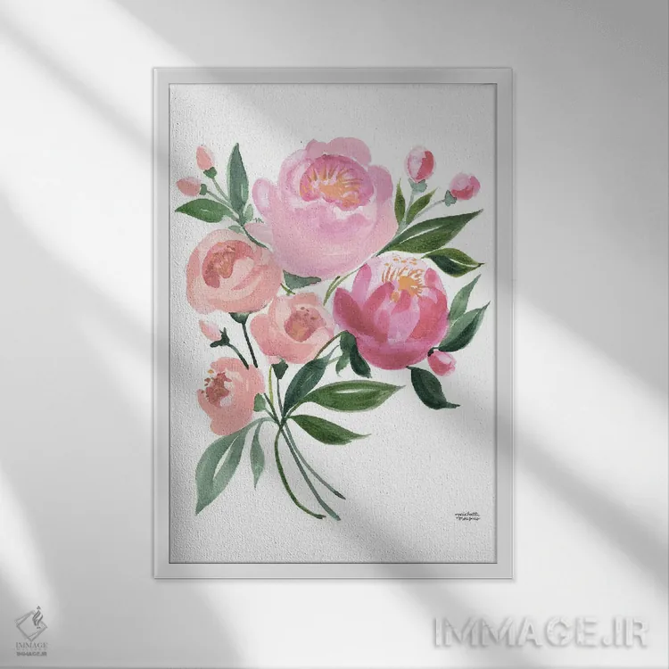 تابلو دکوراتیو گل های دسته گل بهاری پاستلی آبرنگ اثر میشل موسپنس - نمای قابدار سفید