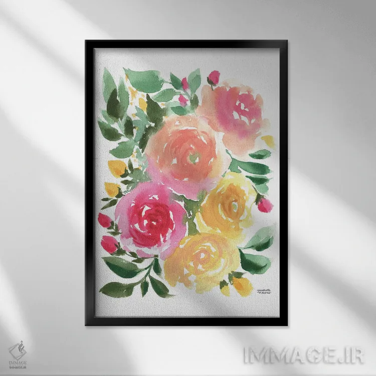 تابلو دکوراتیو رزا بلا آبرنگ اثر میشل موسپنس - نمای قابدار مشکی