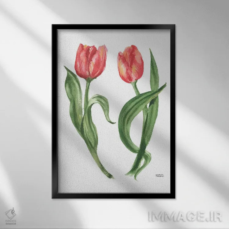 تابلو دکوراتیو گل های لاله آبرنگ اثر میشل موسپنس - نمای قابدار مشکی