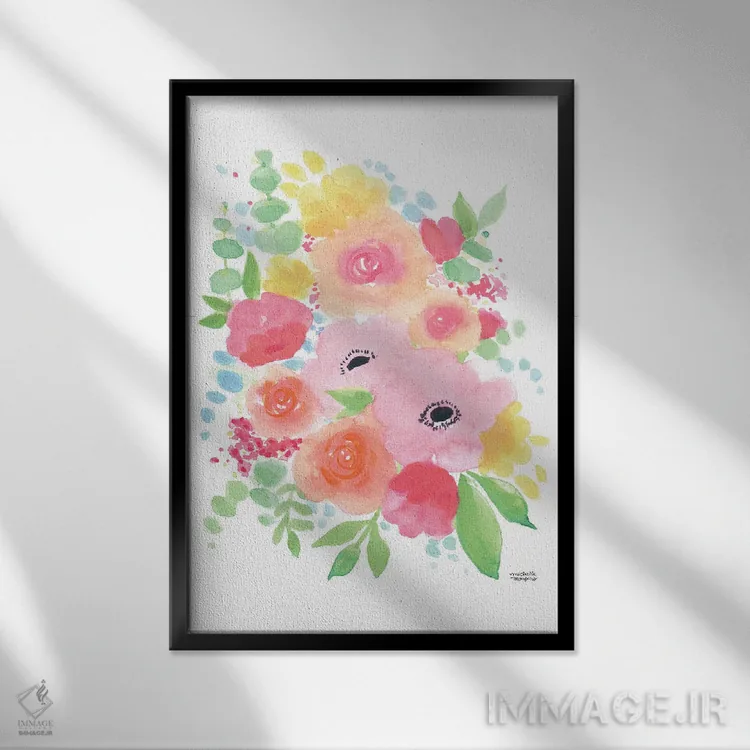 تابلو دکوراتیو گل های ماندگار آبرنگ اثر میشل موسپنس - نمای قابدار مشکی