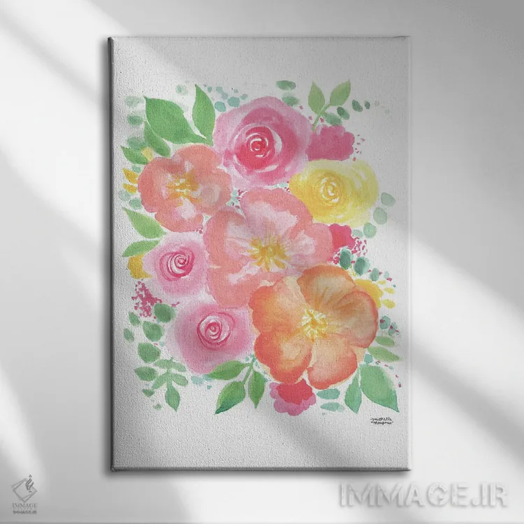 تابلو دکوراتیو گل های نارنجی آبرنگ اثر میشل موسپنس - نمای روبهرو روی دیوار