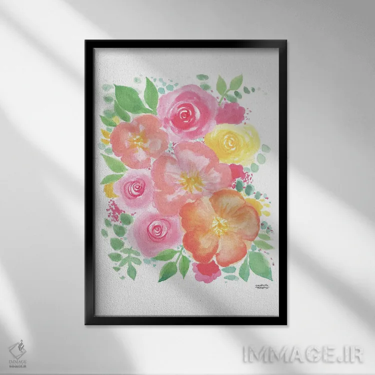 تابلو دکوراتیو گل های نارنجی آبرنگ اثر میشل موسپنس - نمای قابدار مشکی