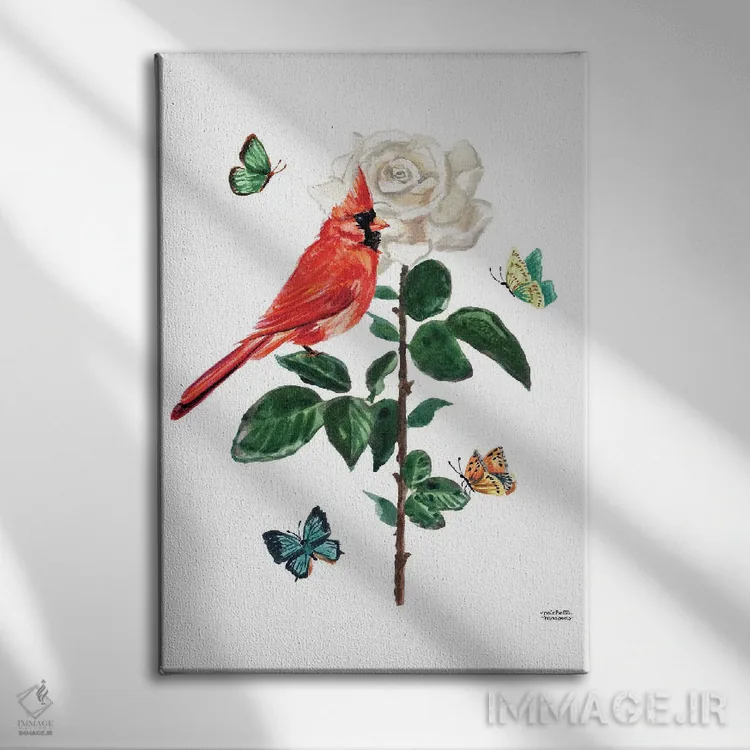تابلو دکوراتیو پرنده کارباورال و گل رز آبرنگ اثر میشل موسپنس - نمای روبهرو روی دیوار