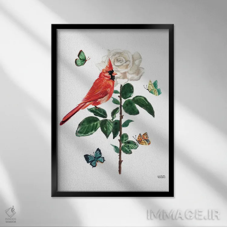تابلو دکوراتیو پرنده کارباورال و گل رز آبرنگ اثر میشل موسپنس - نمای قابدار مشکی