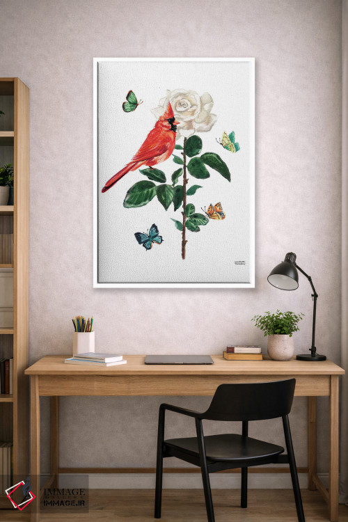 تابلو دکوراتیو پرنده کارباورال و گل رز آبرنگ اثر میشل موسپنس - D1W