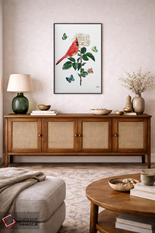 تابلو دکوراتیو پرنده کارباورال و گل رز آبرنگ اثر میشل موسپنس - D4B