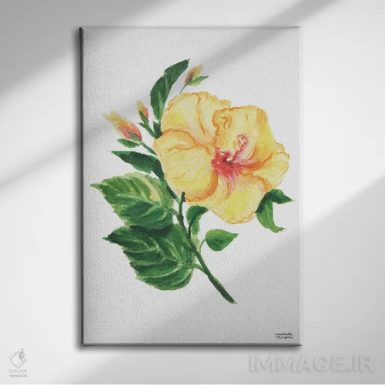 تابلو دکوراتیو هیبیسکوس گیاهی آبرنگ اثر میشل موسپنس - نمای روبهرو روی دیوار